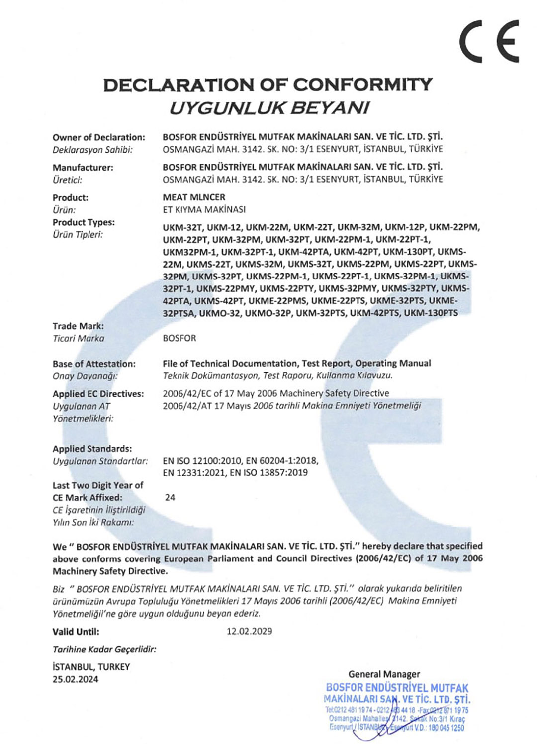 Bosfor Et Kıyma Makinesi Uygunluk Beyanı Koçoğlu Mutfak